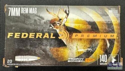 DESCRIPTION (4) 20CT BOXES OF 7mm REMINGTON MAGNUM AMMO BRAND / MODEL: FEDERAL TROPHY BONDED ADDITIONAL INFORMATION 140 GRAIN SIZE $67.99 EACH LOCATIO