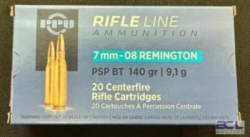 DESCRIPTION (1) 20CT BOX OF 7mm-08 REMINGTON AMMO BRAND / MODEL: PPU PSP BT ADDITIONAL INFORMATION 140 GRAIN SIZE $31.99 LOCATION AMMO WALL QTY 1
