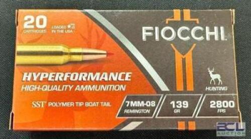 DESCRIPTION (5) 20CT BOXES OF 7mm-08 REMINGTON AMMO BRAND / MODEL: FIOCCHI SST HYPERFORMANCE ADDITIONAL INFORMATION 139 GRAIN SIZE $28.99 EACH LOCATIO