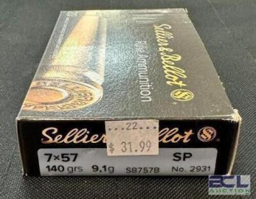 DESCRIPTION (6) 20CT BOXES OF 7X57 SP AMMO BRAND / MODEL: SELLIER & BELLOT 2931 ADDITIONAL INFORMATION 140 GRAIN SIZE $31.99 EACH LOCATION AMMO WALL Q