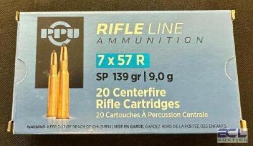DESCRIPTION (8) 20CT BOXES OF 7X57 R AMMO BRAND / MODEL: PPU SP ADDITIONAL INFORMATION 139 GRAIN SIZE $20.99 EACH LOCATION AMMO WALL QTY 8