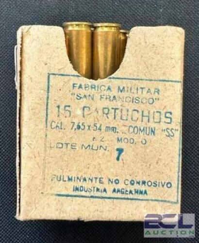 DESCRIPTION (9) 15CT BOXES OF 7.65X54mm ARGENTINE MAUSER AMMO SIZE $14.99 EACH LOCATION AMMO WALL QTY 9