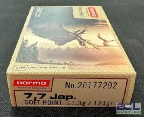DESCRIPTION (5) 20CT BOXES OF 7.7 JAPANESE SOFT POINT AMMO BRAND / MODEL: NORMA 20177292 ADDITIONAL INFORMATION 174 GRAIN SIZE $52.99 EACH LOCATION AM