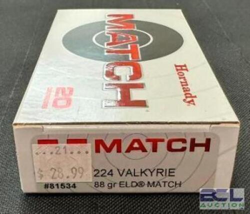 DESCRIPTION (11) 20CT BOXES OF 224 VALKYRIE AMMO BRAND / MODEL: HORNADY ELD MATCH ADDITIONAL INFORMATION 88 GRAIN SIZE $28.99 EACH LOCATION AMMO WALL