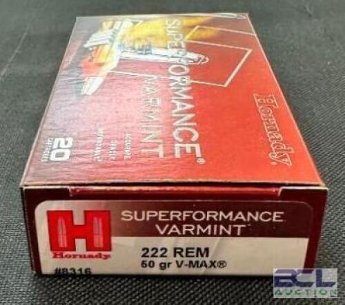DESCRIPTION (3) 20CT BOXES OF 222 REMINGTON AMMO BRAND / MODEL: HORNADY SUPERFORMANCE V-MAX ADDITIONAL INFORMATION 50 GRAIN SIZE $31.99 EACH LOCATION