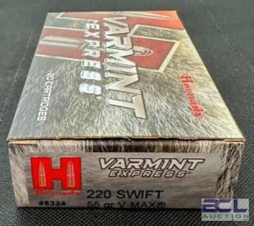 DESCRIPTION (8) 20CT BOXES OF 220 SWIFT AMMO BRAND / MODEL: HORNADY VARMINT EXPRESS V-MAX ADDITIONAL INFORMATION 55 GRAIN SIZE $36.99 EACH LOCATION AM