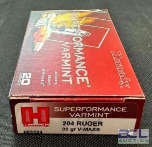 DESCRIPTION (5) 20CT BOXES OF 204 RUGER AMMO BRAND / MODEL: HORNADY SUPERFORMANCE V-MAX ADDITIONAL INFORMATION 32 GRAIN SIZE $31.99 EACH LOCATION AMMO