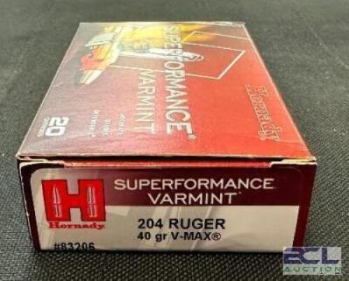 DESCRIPTION (6) 20CT BOXES OF 204 RUGER AMMO BRAND / MODEL: HORNADY SUPERFORMANCE V-MAX ADDITIONAL INFORMATION 40 GRAIN SIZE $31.99 EACH LOCATION AMMO