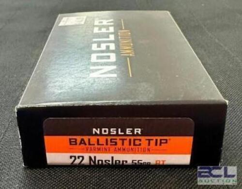 DESCRIPTION (7) 20CT BOXES OF 22 NOSLER BALLISTIC TIP AMMO BRAND / MODEL: NOSLER VARMEGEDDON FBHP ADDITIONAL INFORMATION 55 GRAIN SIZE $46.99 EACH LOC