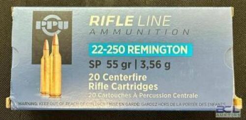 DESCRIPTION (8) 20CT BOXES OF 22-250 REMINGTON AMMO BRAND / MODEL: PPU SP ADDITIONAL INFORMATION 55 GRAIN SIZE $26.99 EACH LOCATION AMMO WALL QTY 8