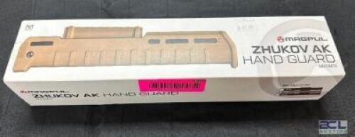 DESCRIPTION MAGPUL ZHUKOV AK HAND GUARD ( TAN ) BRAND / MODEL: MAGP868 ADDITIONAL INFORMATION RETAILS FOR $97.99 LOCATION GUN COUNTER QTY 1