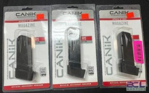 DESCRIPTION (3) CANIK MICRO COMPACT 15 ROUND MAGAZINE FOR METE MC9 BRAND / MODEL: CANIK ADDITIONAL INFORMATION RETAILS FOR $42 EACH THIS LOT IS: SOLD