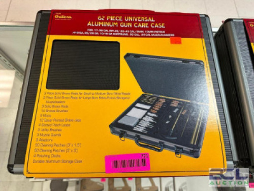 DESCRIPTION OUTERS 62 PIECE UNIVERSAL ALUMINUM GUN CARE CASE. ADDITIONAL INFORMATION RETAILS FOR $72 LOCATION GUN COUNTER QTY 1