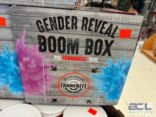 DESCRIPTION GENDER REVEAL TANNERITE BOOM BOX ADDITIONAL INFORMATION RETAILS FOR $84.99 LOCATION MIDDLE QTY 1