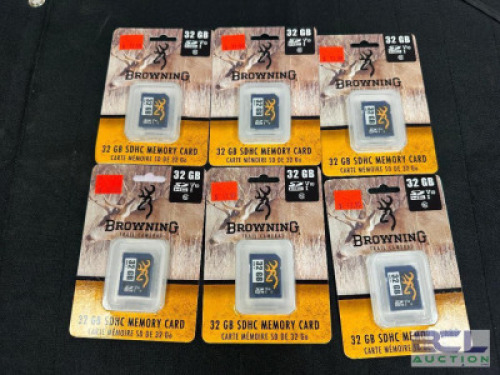 DESCRIPTION (6) BROWNING MEMORY CARDS 32GM ADDITIONAL INFORMATION RETAILS FOR $15 EACH THIS LOT IS: SOLD BY THE PIECE LOCATION KNIFE COUNTER QTY 6