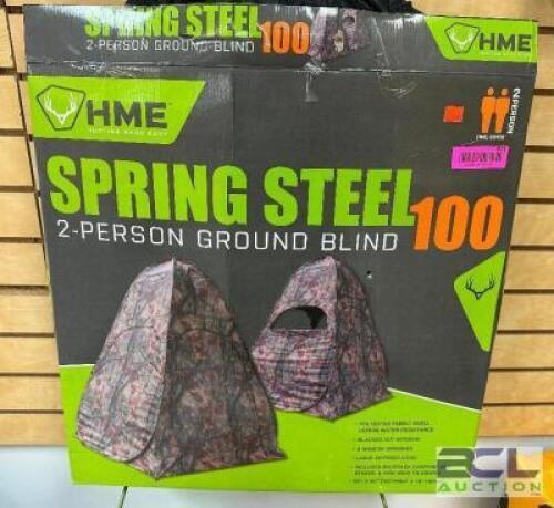DESCRIPTION HME SPRING STEEL 100 2 SPERSON GROUND BLIND. ADDITIONAL INFORMATION RETAILS FOR $69 LOCATION KNIFE COUNTER QTY 1
