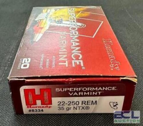 DESCRIPTION (1) 20CT BOXES OF 22-250 REMINGTON AMMO BRAND / MODEL: HORNADY SUPERFORMANCE VARMINT V-MAX ADDITIONAL INFORMATION 35 GRAIN SIZE $46.99 LOC