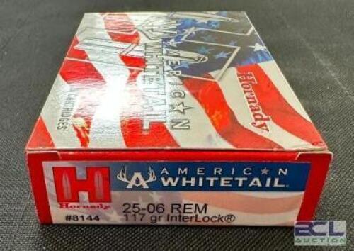 DESCRIPTION (9) 20CT BOXES OF 25-06 REMINGTON AMMO BRAND / MODEL: HORNADY INTERLOCK AMERICAN WHITETAIL ADDITIONAL INFORMATION 117 GRAIN SIZE $34.99 EA