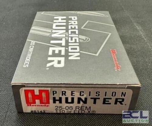 DESCRIPTION (5) 20CT BOXES OF 25-06 REMINGTON AMMO BRAND / MODEL: HORNADY PRECISION HUNTER ADDITIONAL INFORMATION 110 GRAIN SIZE $52.99 EACH LOCATION