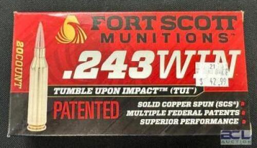 DESCRIPTION (7) 20CT BOXES OF 243 WINCHESTER AMMO BRAND / MODEL: FORT SCOTT TUI ADDITIONAL INFORMATION 70 GRAIN SIZE $42.99 EACH LOCATION AMMO WALL QT