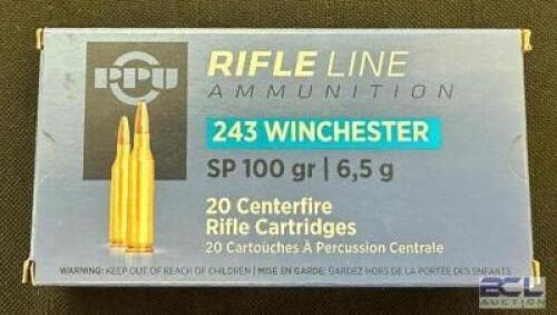 DESCRIPTION (7) 20CT BOXES OF 243 WINCHESTER AMMO BRAND / MODEL: PPU SP ADDITIONAL INFORMATION 100 GRAIN SIZE $28.99 EACH LOCATION AMMO WALL QTY 7