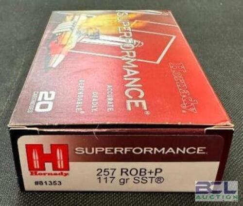 DESCRIPTION (3) 20CT BOXES OF 257 ROB+P AMMO BRAND / MODEL: HORNADY SUPERFORMANCE SST 81353 ADDITIONAL INFORMATION 117 GRAIN SIZE $51.99 EACH LOCATION