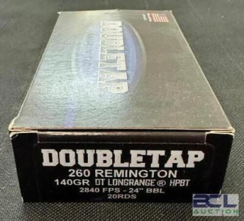 DESCRIPTION (2) 20CT BOXES OF 260 REMINGTON AMMO BRAND / MODEL: DOUBLETAP ADDITIONAL INFORMATION 140 GRAIN SIZE $58.99 EACH LOCATION AMMO WALL QTY 2