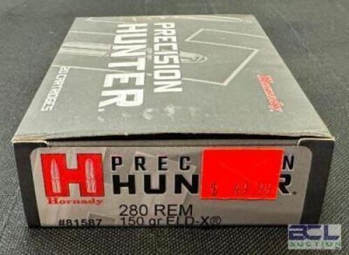 DESCRIPTION (1) 20CT BOX OF 280 REMINGTON AMMO BRAND / MODEL: HORNADY PRECISION HUNTER ELD-X 81587 ADDITIONAL INFORMATION 150 GRAIN SIZE $49.99 LOCATI