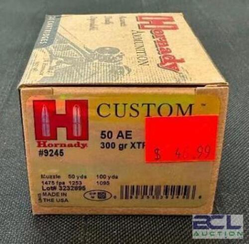 DESCRIPTION (4) 20CT BOXES OF 50 AE AMMO BRAND / MODEL: HORNADY CUSTOM 9245 ADDITIONAL INFORMATION 300 GRAIN SIZE $46.99 EACH LOCATION AMMO WALL QTY 4