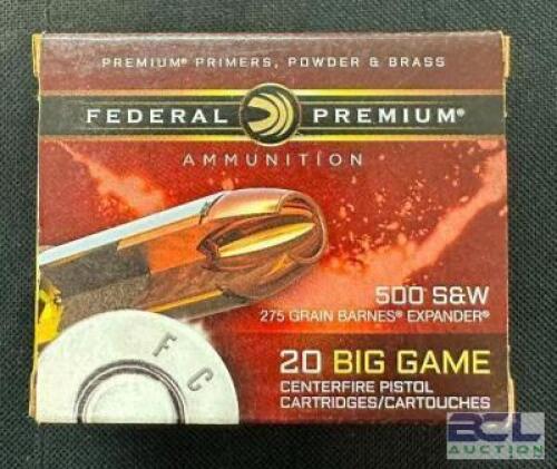 DESCRIPTION (2) 20CT BOXES OF 500 S&W BIG GAME AMMO BRAND / MODEL: FEDERAL ADDITIONAL INFORMATION 275 GRAIN SIZE $79.99 EACH LOCATION AMMO WALL QTY 2