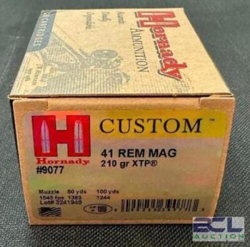 DESCRIPTION (6) 20CT BOXES OF 41 REMINGTON MAGNUM AMMO BRAND / MODEL: HORNADY CUSTOM 9077 ADDITIONAL INFORMATION 210 GRAIN SIZE $32.99 EACH LOCATION A