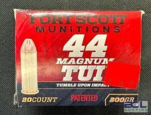 DESCRIPTION (6) 20CT BOXES OF 44 MAGNUM AMMO BRAND / MODEL: FORT SCOTT TUI ADDITIONAL INFORMATION 200 GRAIN SIZE $36.99 EACH LOCATION AMMO WALL QTY 6