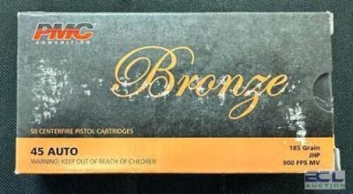 DESCRIPTION (7) 50CT BOXES OF 45 AUTO AMMO BRAND / MODEL: PMC BRONZE ADDITIONAL INFORMATION 185 GRAIN SIZE $34.99 EACH LOCATION AMMO WALL QTY 7