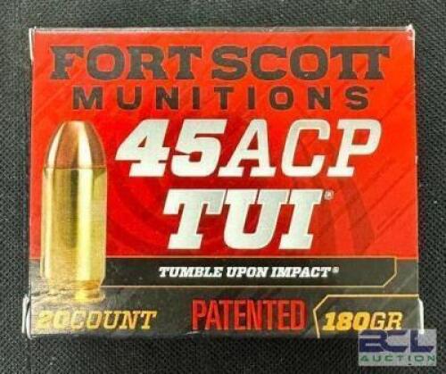 DESCRIPTION (4) 20CT BOXES OF 45 ACP AMMO BRAND / MODEL: FORT SCOTT TUI ADDITIONAL INFORMATION 180 GRAIN SIZE $37.99 EACH LOCATION AMMO WALL QTY 4
