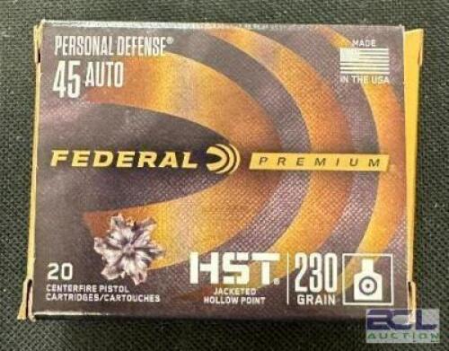 DESCRIPTION (5) 20CT BOXES OF 45 AUTO AMMO BRAND / MODEL: FEDERAL HST ADDITIONAL INFORMATION 230 GRAIN SIZE $42.99 EACH LOCATION AMMO WALL QTY 5
