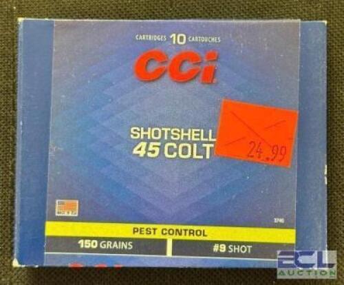 DESCRIPTION (9) 20CT BOXES OF 45 COLT SHOTSHELL AMMO BRAND / MODEL: CCI #9 ADDITIONAL INFORMATION 150 GRAIN SIZE $24.99 EACH LOCATION AMMO WALL QTY 9