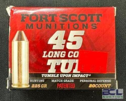 DESCRIPTION (7) 20CT BOXES OF 45 LONG COLT AMMO BRAND / MODEL: FORT SCOTT TUI ADDITIONAL INFORMATION 225 GRAIN SIZE $37.99 EACH LOCATION AMMO WALL QTY