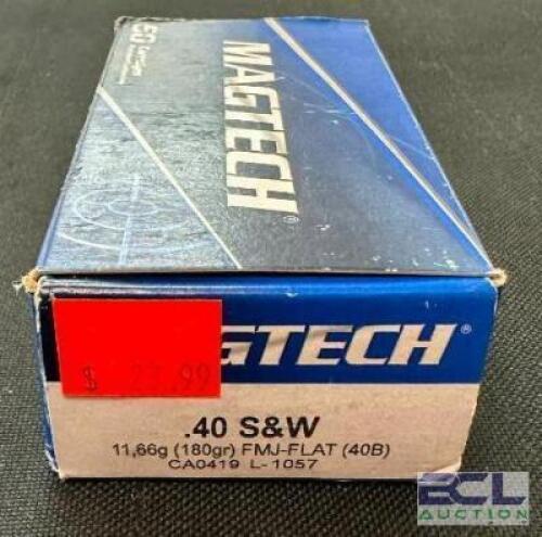 DESCRIPTION (1) 50CT BOX OF 40 S&W FULL METAL JACKET AMMO BRAND / MODEL: MAGTECH ADDITIONAL INFORMATION 180 GRAIN SIZE $23.99 LOCATION AMMO WALL QTY 1
