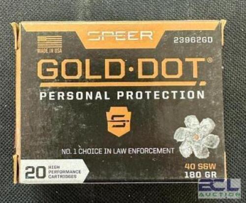 DESCRIPTION (5) 20CT BOXES OF 40 S&W AMMO BRAND / MODEL: SPEER ADDITIONAL INFORMATION 180 GRAIN SIZE $33.99 EACH LOCATION AMMO WALL QTY 5