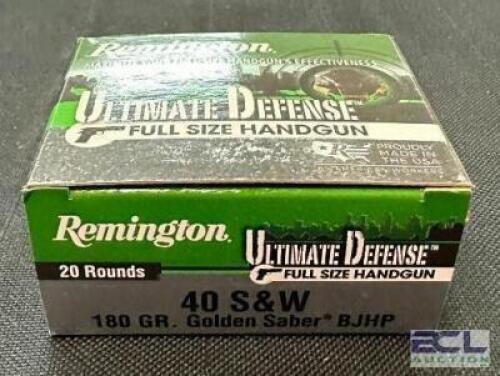 DESCRIPTION (9) 20CT BOXES OF 40 S&W AMMO BRAND / MODEL: REMINGOTN GOLDEN SABER BJHP ADDITIONAL INFORMATION 180 GRAIN SIZE $25.99 EACH LOCATION AMMO W
