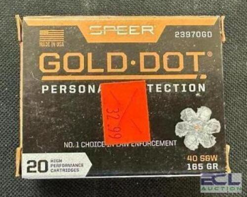 DESCRIPTION (1) 20CT BOX OF 40 S&W AMMO BRAND / MODEL: SPEER ADDITIONAL INFORMATION 165 GRAIN SIZE $32.99 EACH LOCATION AMMO WALL QTY 1