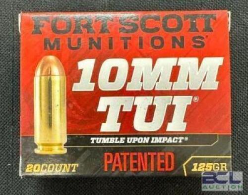 DESCRIPTION (6) 20CT BOXES OF 10mm AMMO BRAND / MODEL: FORT SCOTT TUI ADDITIONAL INFORMATION 125 GRAIN SIZE $33.99 EACH LOCATION AMMO WALL QTY 6