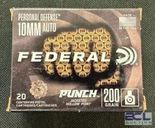 DESCRIPTION (7) 20CT BOXES OF 10mm AMMO BRAND / MODEL: FEDERAL PUNCH ADDITIONAL INFORMATION 200 GRAIN SIZE $38.99 EACH LOCATION AMMO WALL QTY 7