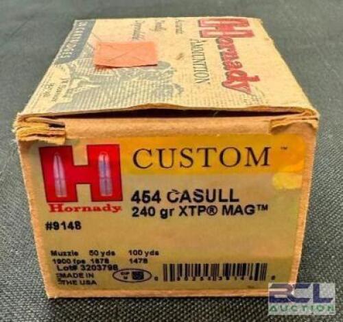 DESCRIPTION (1) 20CT BOX OF 454 CASULL AMMO BRAND / MODEL: HORNADY CUSTOM ADDITIONAL INFORMATION 240 GRAIN SIZE $52.99 EACH LOCATION AMMO WALL QTY 1