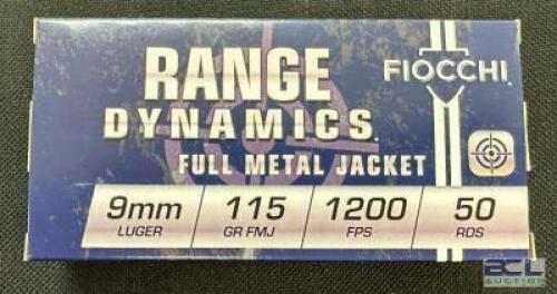 DESCRIPTION (8) 50CT BOXES OF 9mm LUGER AMMO BRAND / MODEL: FIOCCHI ADDITIONAL INFORMATION 115 GRAIN SIZE $16.99 EACH LOCATION AMMO WALL QTY 8