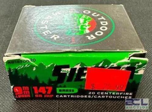 DESCRIPTION (1) 20CT BOX OF 9mm LUGER AMMO BRAND / MODEL: OUTDOOR MASTER ADDITIONAL INFORMATION 147 GRAIN SIZE $25.99 LOCATION AMMO WALL QTY 1