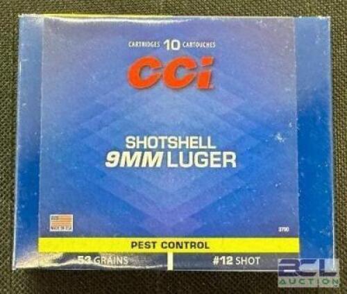 DESCRIPTION (3) 10CT BOXES OF 9mm LUGER SHOTSHELL AMMO BRAND / MODEL: CCI #12 ADDITIONAL INFORMATION 53 GRAIN SIZE $22.99 EACH LOCATION AMMO WALL QTY