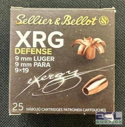DESCRIPTION (7) 25CT BOXES OF 9mm LUGER AMMO BRAND / MODEL: SELLIER & BELLOT ADDITIONAL INFORMATION 100 GRAIN SIZE $19.99 EACH LOCATION AMMO WALL QTY