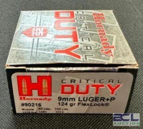 DESCRIPTION (5) 25CT BOXES OF 9mm LUGER +P AMMO BRAND / MODEL: HORNADY CRITICAL DUTY ADDITIONAL INFORMATION 124 GRAIN SIZE $38.99 EACH LOCATION AMMO W