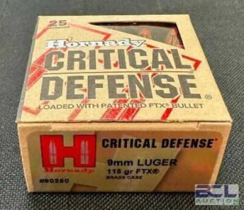 DESCRIPTION (6) 25CT BOXES OF 9mm LUGER AMMO BRAND / MODEL: HORNADY CRITICAL DEFENSE ADDITIONAL INFORMATION 115 GRAIN SIZE $34.99 EACH LOCATION AMMO W